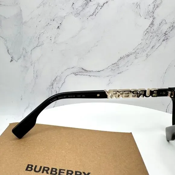 New Burberry Sunglasses Black Square Gold Metal Cut Out BURBERRY Logo Womens - Picture 11 of 16